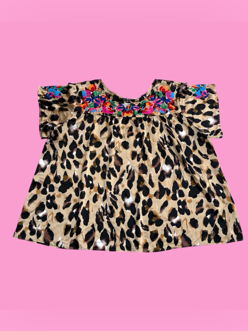 Embroidered Fiesta Leopard Print Top Colorful Embroidered Yoke 3X